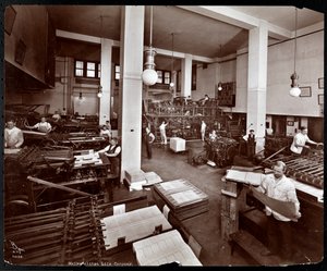 Hombres trabajando en la planta de impresión de Metropolitan Life Insurance Co. en la calle 23 y Madison Avenue, Nueva York, 1907